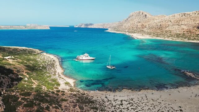 Amazing drone view of Balos Lagoon and white sandy beach, Crete, Greece