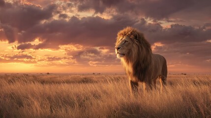 Majestic lion in golden sunset