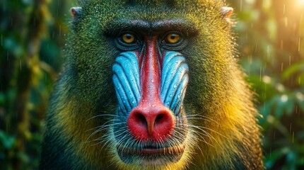 Fototapeta premium Closeup portrait of a colorful mandrill monkey in a lush green jungle