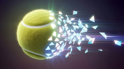 Tennis ball exploding into luminous geometric polygons – Suitable for dynamic digital art, sports technology, or abstract concepts.
