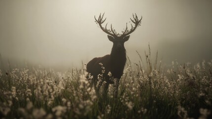 Deer silhouette in misty field