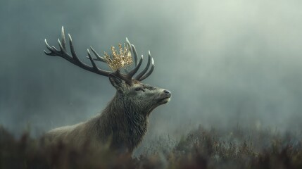 Majestic stag with crown in misty landscape