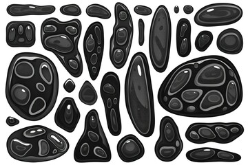 Black stones with bubbles, abstract shapes, and glossy texture on white background