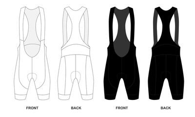 Vector illustration of short cycling shorts with suspenders, front and back view. Sketch of clothing for active sports such as wrestling, judo, and cycling. Contour template for cycling shorts.