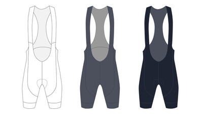 Collection of vector drawings of short cycling shorts with suspenders. Sketch of clothing for active sports such as wrestling, judo, and cycling. Template for cycling shorts in white, gray, and blue c