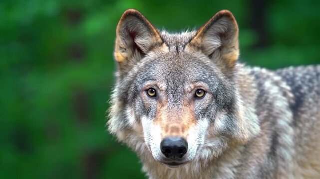 Close-up Wolf Portrait Stares from Forest with Blurry Background