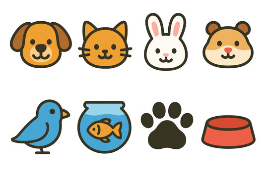 Cute animal icons: dog, cat, rabbit, hamster, bird, fish, paw, bowl - cartoon style