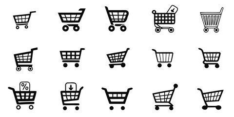 Fifteen Shopping Cart Icons In Black Silhouette Representing Retail And Consumerism