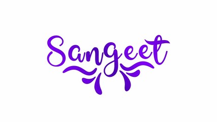 Sangeet animation for invitation, greeting card, romantic video. Animated text word handwritten calligraphy cursive lettering style alpha channel. violet type on white background backdrop video footag