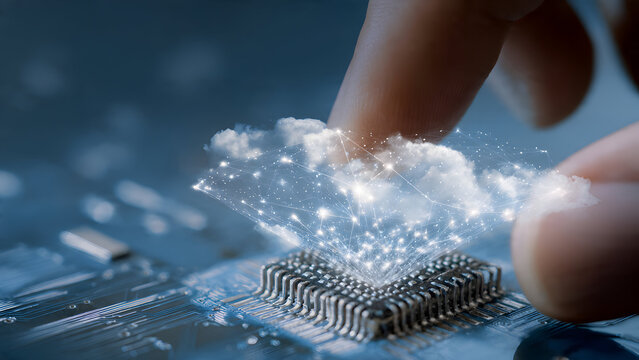 Hands positioning a microchip onto a tiny edge node with visual cloud-route overlay displaying multi-layer offloading