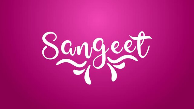 Sangeet animation for invitation, greeting card, romantic video. Animated text word handwritten calligraphy cursive lettering style alpha channel. white type on pink background romantic  video footage