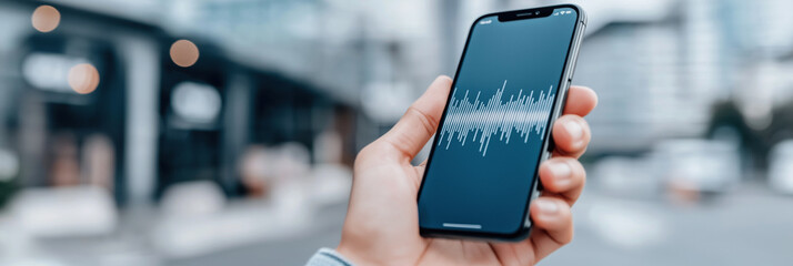 Hand displays smartphone featuring vibrant audio waveform visualization on screen.