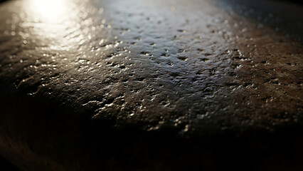 Glimmering dark textured surface with reflective wetness creates a mysterious and abstract background showcasing intricate patterns and detailed rough material in dramatic lighting