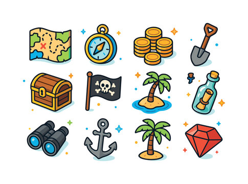 Treasure Hunt Icons. Treasure hunt. Colorful isometric vector ic