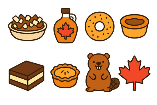 Canadian cuisine and symbols: poutine, maple syrup, beaver, nanaimo bar, maple leaf