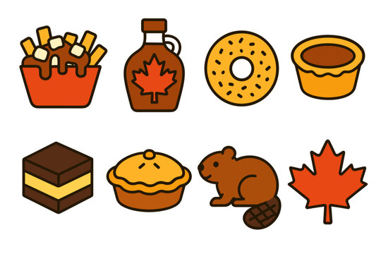 Icon set representing canadian cuisine and symbols including poutine and maple leaf