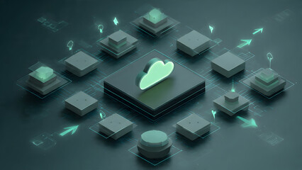 IoT sensor cluster arranged around a square edge device with floating graphic arrows illustrating multi-directional cloud distribution