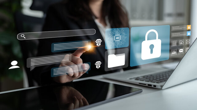 A businesswoman engages with a digital security interface in a modern office, highlighting the importance of data protection and innovation in today technology-driven world. Gantry - Powered by Adobe