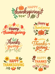 Happy Thanksgiving Lettering and Typography Vector Set Collection with Autumn Elements.