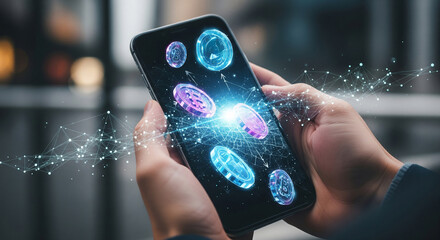 Hands holding smartphone with floating crypto coins for digital investment