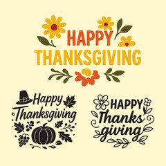 Happy Thanksgiving Lettering and Typography Vector Set Collection with Autumn Elements.