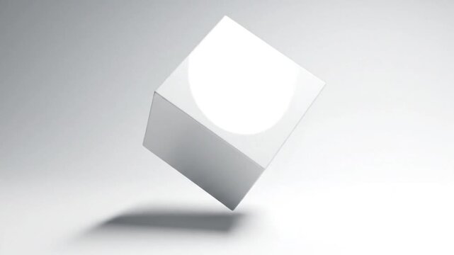 White Cube Floating in a Minimalist White Studio Environment with Subtle Shadows.