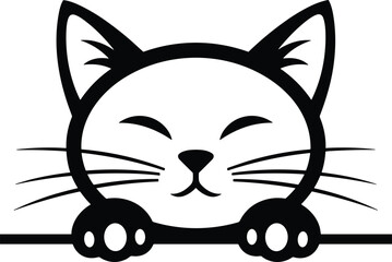 Funny and playful monochrome drawing of an adorable domestic kitty mascot peeking over a horizontal line with a joyful, whimsical expression.
