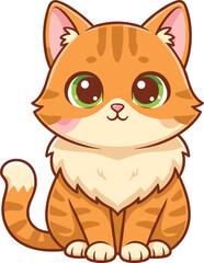 An adorable vector cartoon illustration of a cute, fluffy orange tabby kitten with bright green eyes, sitting and looking forward with a friendly expression.