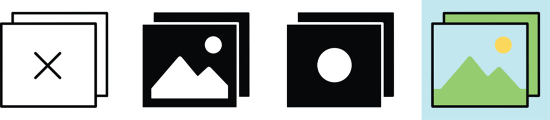 Abstract representation of a digital picture library, featuring landscape graphics and basic geometric shapes to symbolize image files and their organization within a system.