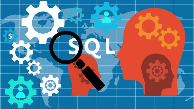 SQL Database Analysis Concept with Gears and Magnifying Glass Over World Map query programming