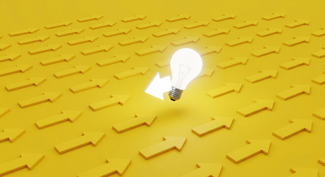 Light bulb moving against arrows representing innovation and disruption