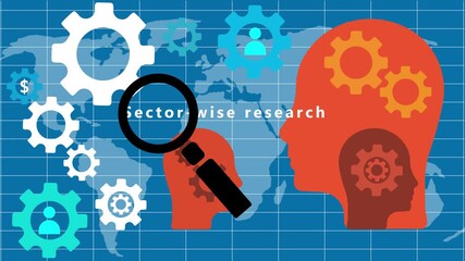 Sector-wise research concept with human heads, gears, and world map illustration industry analysis cogwheels - Powered by Adobe