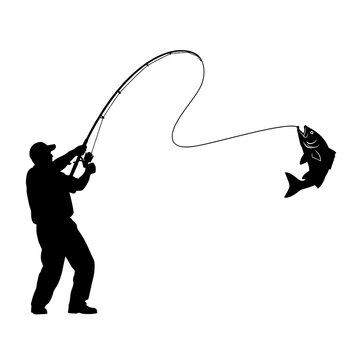 Silhouette vector illustration of a fisherman successfully catching a fish with a bent rod