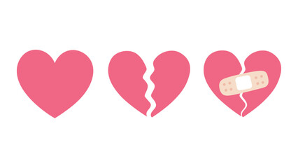 Cartoon heart set, broken heart and crack fixed with bandage. Breakup and heartbreak symbol. Simple flat vector style clip art illustration.