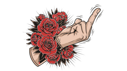 A hand showing a rebellious middle finger gesture emerges from a bouquet of red roses