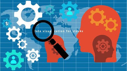 Data visualization for stocks illustrated with gears magnifying glass and world map stock market finance - Powered by Adobe