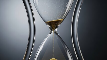 A transparent modern glass hourglass with golden sand flowing down through the narrow center symbolizing the passage of time