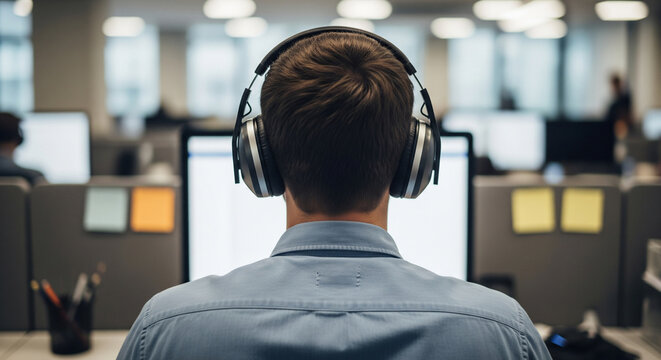 Neurodivergent employee wearing noise-canceling headphones to focus in busy office.
