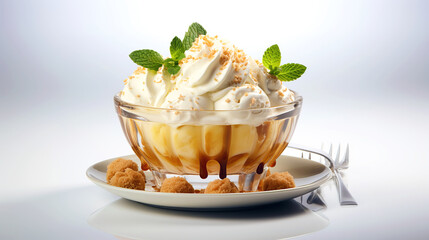 Vanilla ice cream with caramel sauce and whipped cream is served in a glass bowl, topped with mint leaves and crumbs for a clean bright dessert presentation
