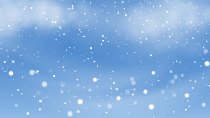 Winter cloudy sky background with falling snow. Snow background with gentle white snowfall particles drifting over soft blue cloudy sky. Calm vector illustration.
