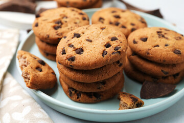 Delicious chocolate chip cookies on table, closeup