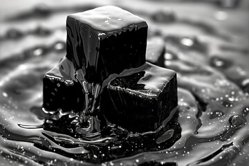 Black cubes melting in water, abstract liquid background