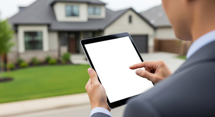 Person holding a blank tablet screen in front of a residential house for real estate app.