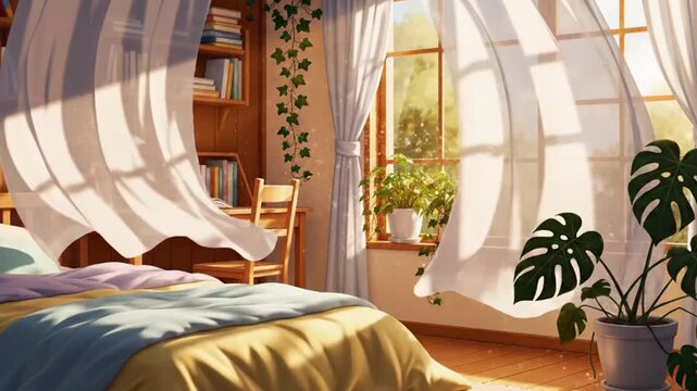 Bright bedroom with sheer curtains blowing in the wind and a bed with colorful bedding interior sunlight . Seamless looping animation video background