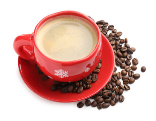 Aromatic coffee in cup and beans isolated on white