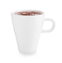 Hot cocoa with chocolate shavings in cup isolated on white