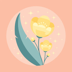 Delicate yellow flowers and a large green leaf in a soft peach circle