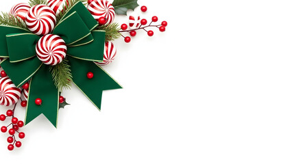 Green Ribbon and Candy Arrangement on White Background. Elegant Composition Holiday 