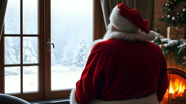 눈내리는 창문을 보고잇는 산타할아버지 뒷모습Santa's grandfather's back looking at the snowy window