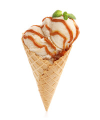 Tasty ice cream with caramel sauce and mint isolated on white